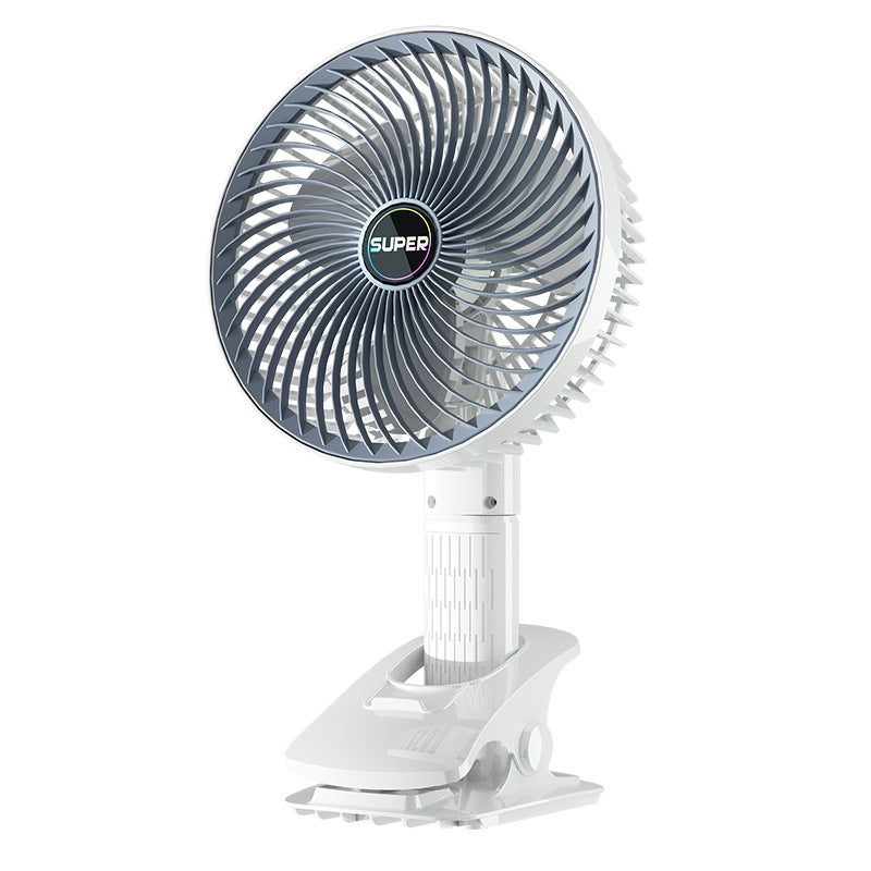 3-in-1 portable rechargeable fan, showing desktop, clip-on, and handheld use.