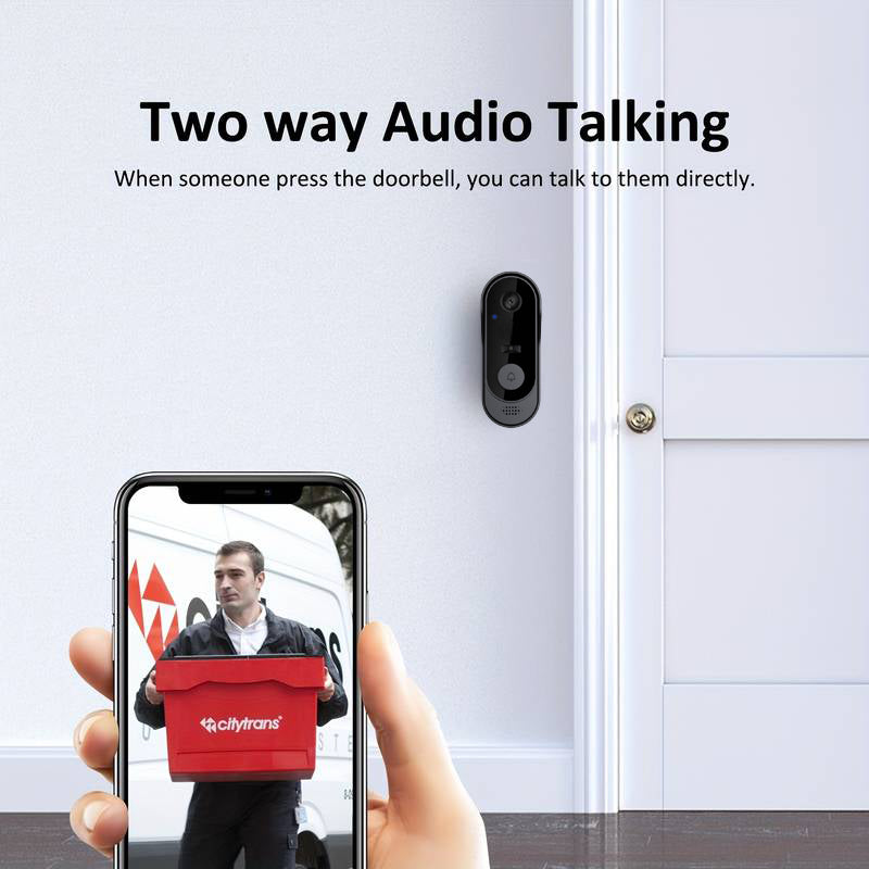Concept image of a person talking to a visitor through the doorbell on their phone.