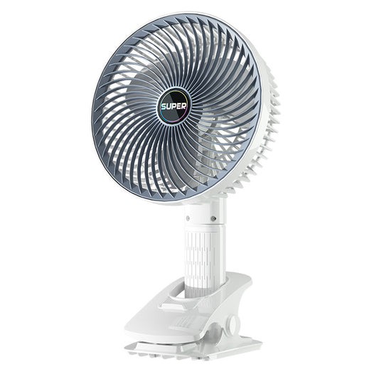 3-in-1 portable rechargeable fan, showing desktop, clip-on, and handheld use.