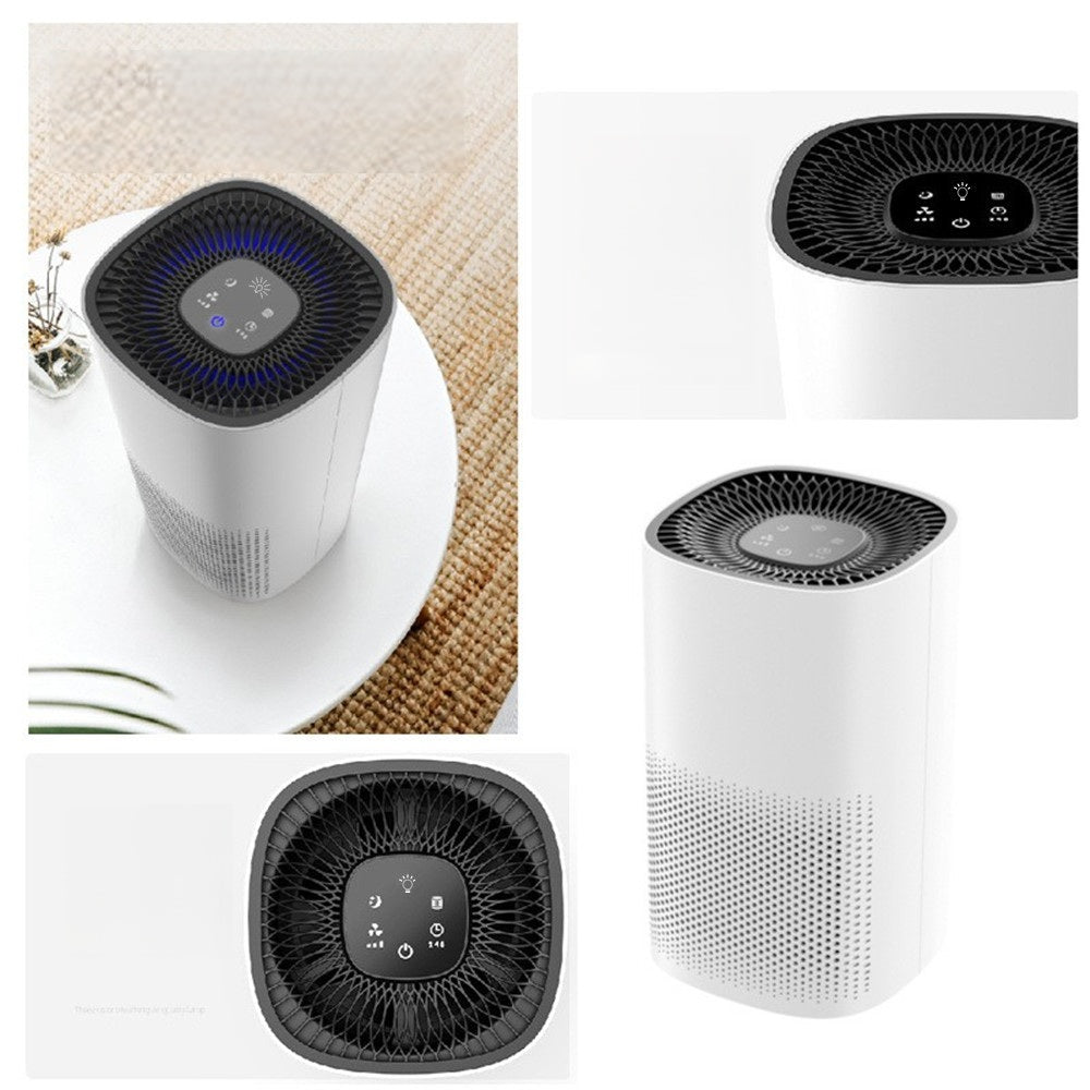 Quiet mini air purifier operating at night on a bedroom nightstand.