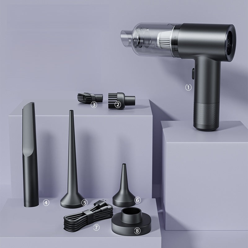 Cordless car vacuum cleaner and all included attachments: floor brush, flat brush, and nozzles