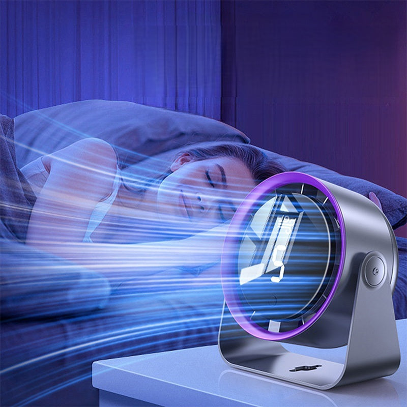 Portable rechargeable fan providing gentle cooling on a bedroom nightstand.