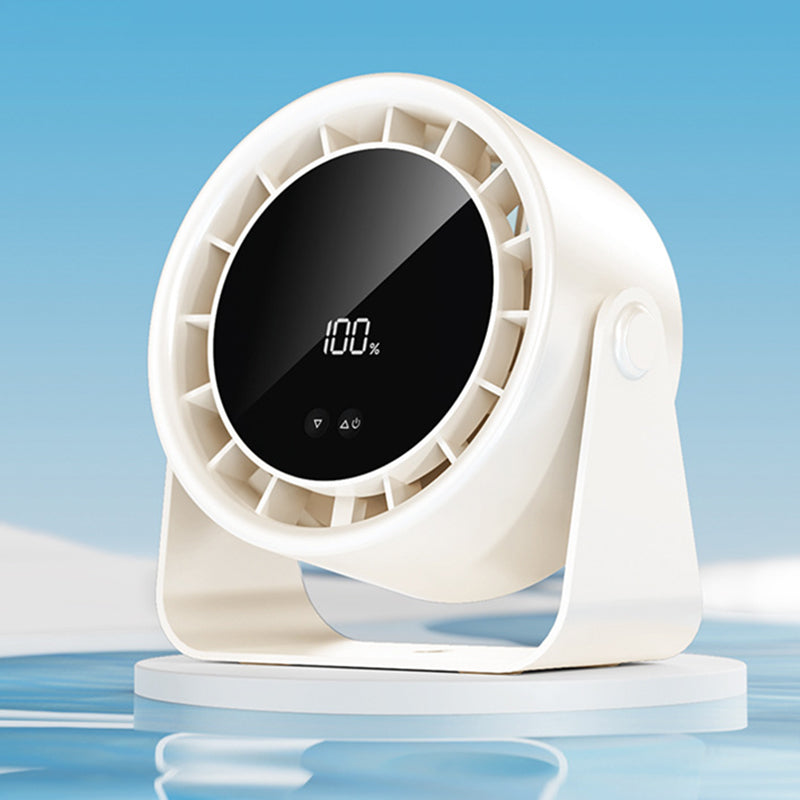 Ultra quiet personal desk fan cooling a laptop and paperwork on an office desk.