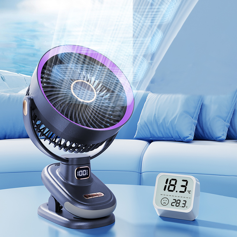 Multi-angle view of the compact and sleek personal cooling fan design.