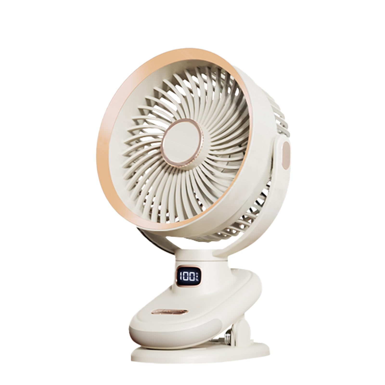 Compact white portable desk fan with rechargeable battery on a clean background.