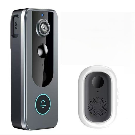 Modern black smart video doorbell with rechargeable battery, front view.