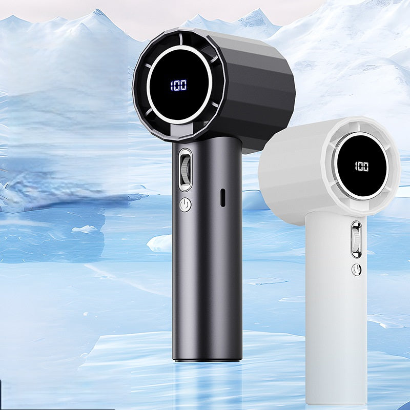 Powerful turbo handheld fan with clear digital display showing battery level.