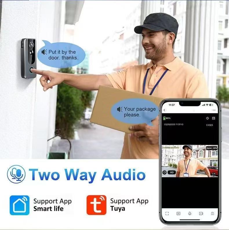Concept image of a person talking to a visitor through the doorbell on their phone.