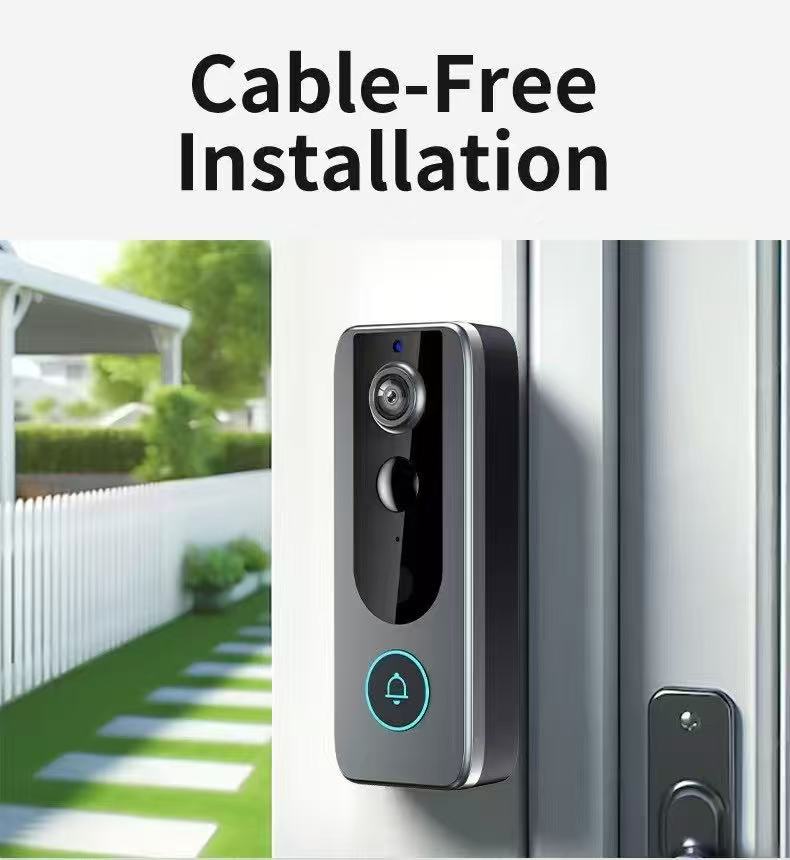 Smart video doorbell with 120° view installed next to a modern front door.